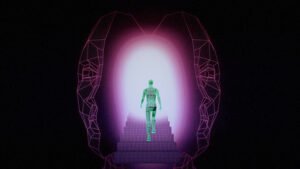Representación 3D de una persona entrando en una cueva, para videoclip de la productora CANADA