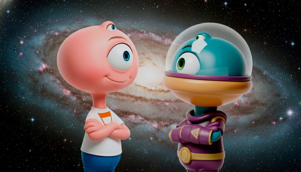Los dos protagonistas de Space Toons en su versión 3D actualizada, un caso práctico de animación con IA que combina render clásico con fondos generativos.