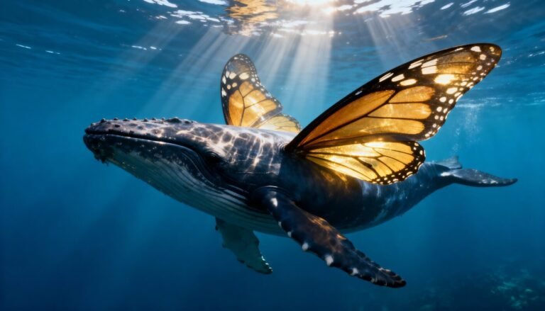 Imagen del Concepto Terra Incognita: una ballena jorobada con alas de mariposa monarca bajo el agua.
