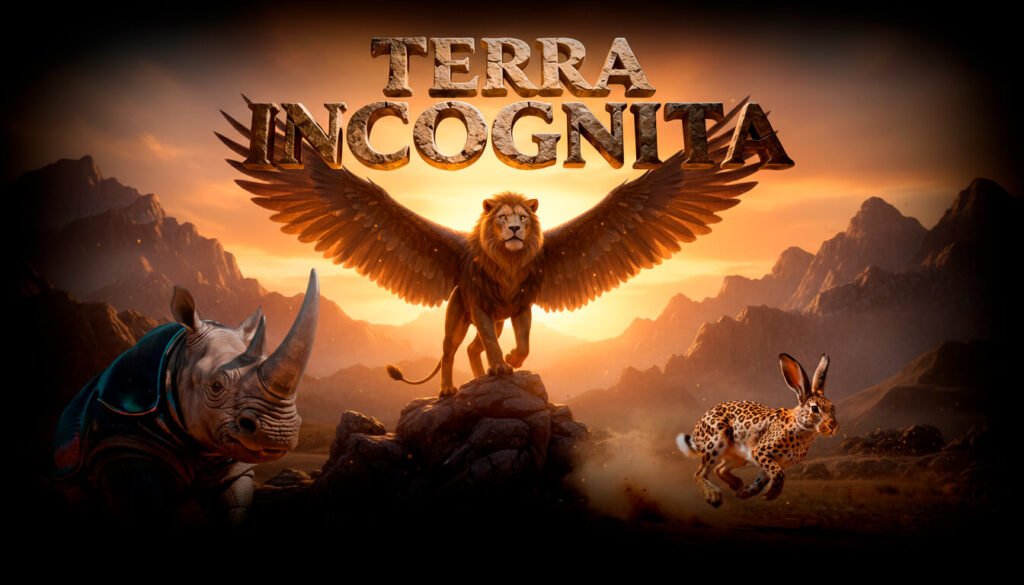 Portada proyecto Concepto Terra Incognita: Un león alado, un conejo-leopardo y un rino-escarabajo.