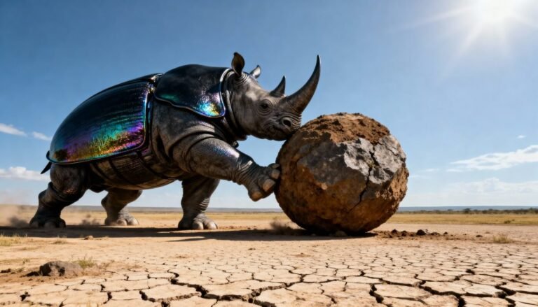 Imagen del Concepto Terra Incognita: un rinoceronte con caparazón de escarabajo iridiscente.