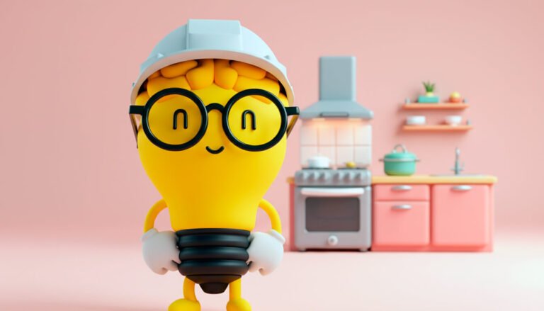 Mascota 3D en una cocina, mostrando la versatilidad de los personajes 3D para marcas del sector hogar o alimentación.