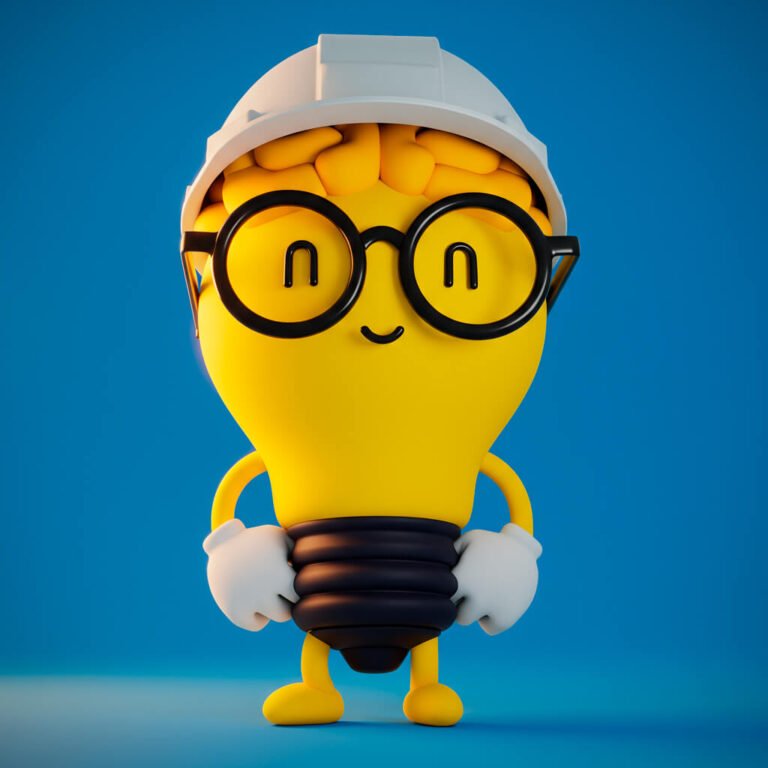 Mascota 3D CONTIGO con casco de obra, ejemplo de la versatilidad de los personajes 3D para marcas.