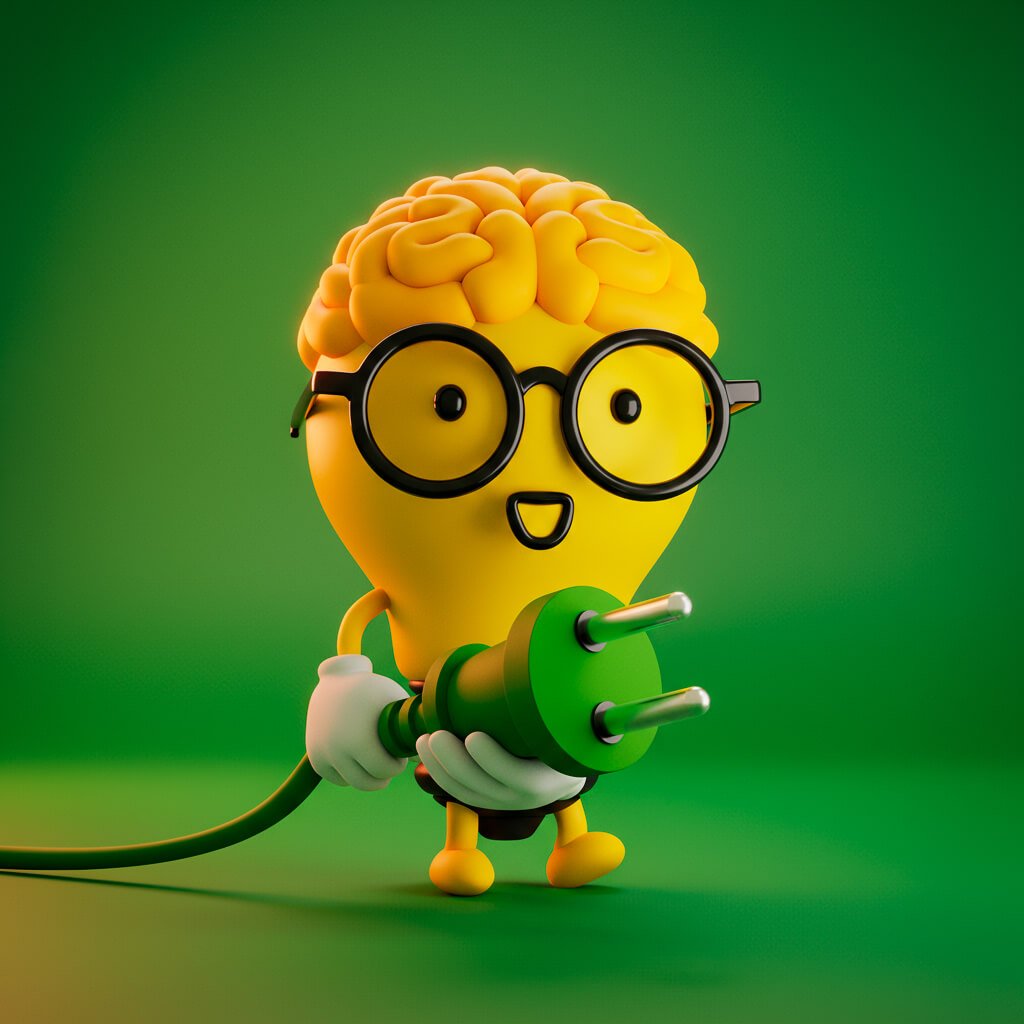 Animación 3D del personaje CONTIGO conectando un enchufe, simbolizando la energía y la innovación para las marcas.