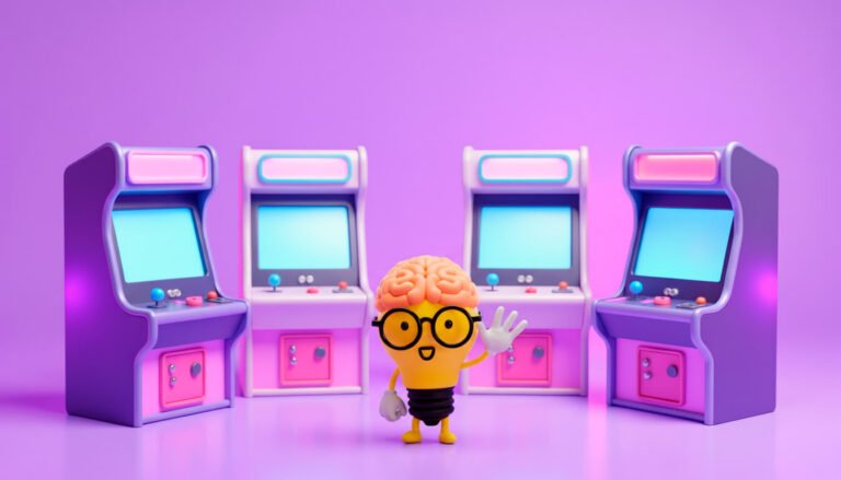 Personajes 3D para marcas de entretenimiento, mostrando a CONTIGO en una sala de máquinas recreativas.