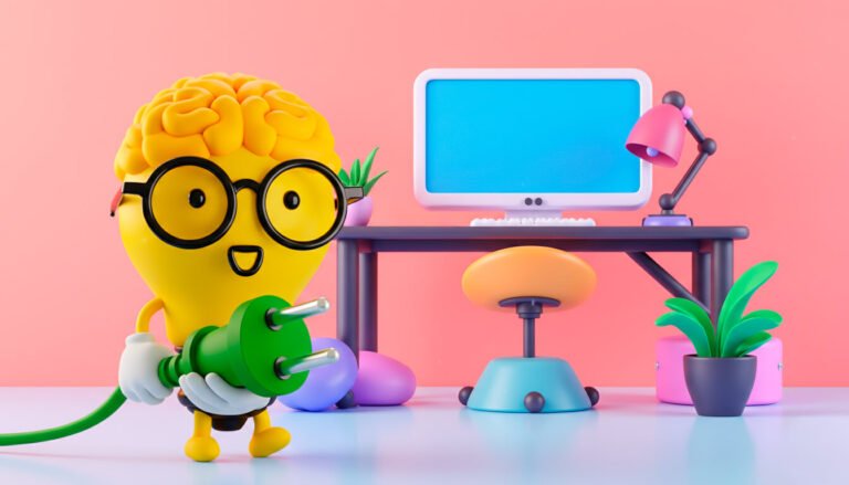 El personaje 3D CONTIGO en un escritorio, representando la conexión y la tecnología para marcas del sector digital.