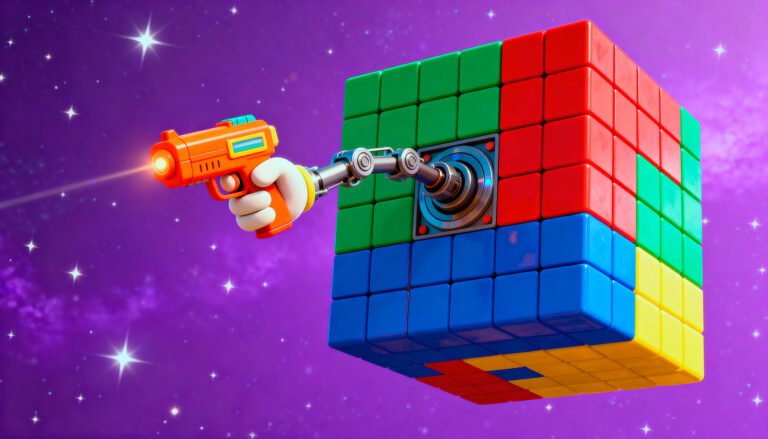 Imagen conceptual de una estrella de la muerte en forma de gran cubo de Rubik en el espacio.