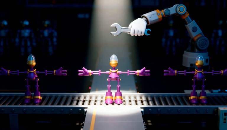 Escena de una cadena de montaje en una fábrica de robots del universo Space Toons.