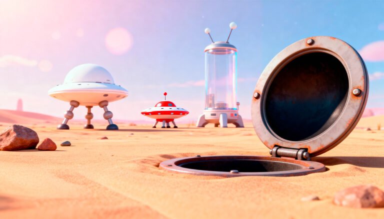 Escenario de un planeta desértico con OVNIs y una escotilla metálica abierta en el suelo.