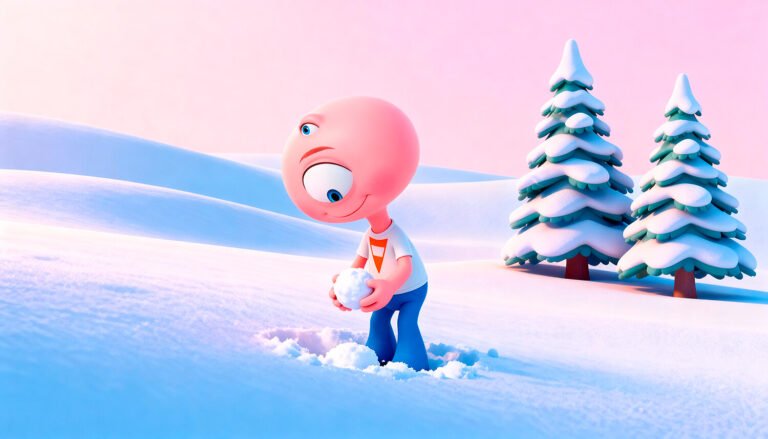 Render 3D del personaje Ufi agachado mientras hace una bola de nieve.