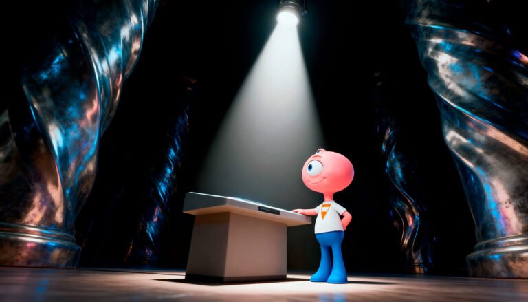 El personaje Ufi de Space Toons en una sala con columnas majestuosas, iluminado por un potente foco cenital.