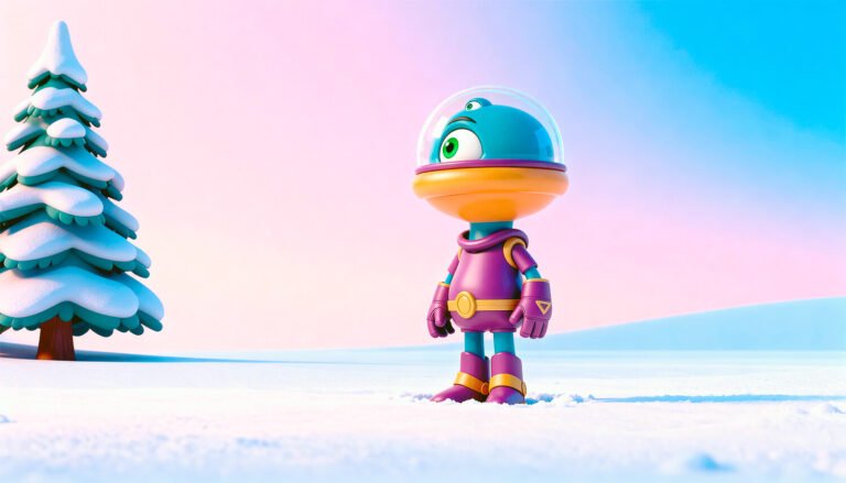 El personaje Ufo de Space Toons, con su traje espacial, de pie en un paisaje nevado.