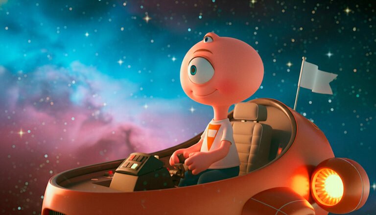 El personaje Ufi pilotando su nave monoplaza naranja a través de una nebulosa de colores.