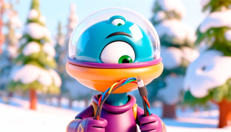 Primer plano del personaje Ufo de Space Toons mirando con curiosidad unos cables.