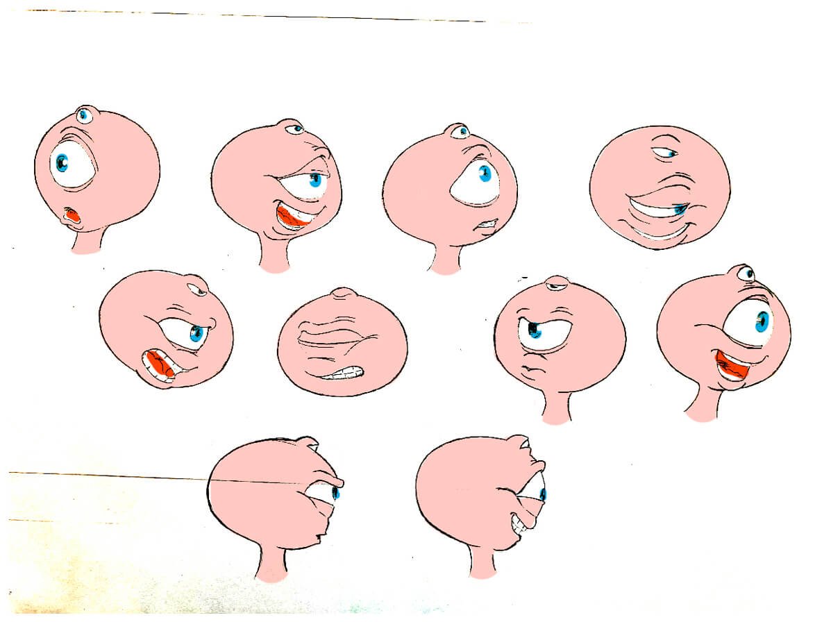 space-toons-boceto-expresiones-original Hoja de bocetos originales de 2003 con las expresiones faciales del personaje Ufi de la serie Space Toons.